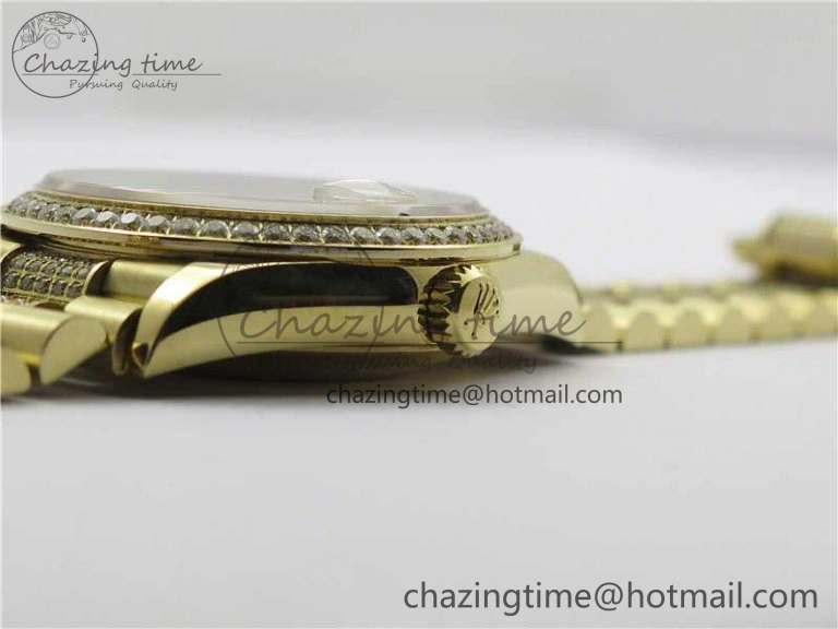 Day-Date 36mm 128235 YG Crystal BP Best Edition Gray MOP Crystal Marker Dial on YG President Bracelet A Durable 2675