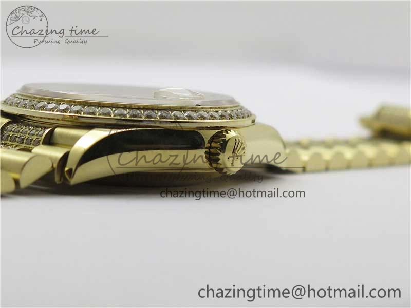 Day-Date 36mm 128235 YG Crystal BP Best Edition Gray MOP Crystal Marker Dial on YG President Bracelet A Durable 2675