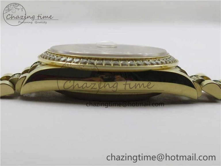 Day-Date 36mm 128235 YG Crystal BP Best Edition Gray MOP Crystal Marker Dial on YG President Bracelet A Durable 2675