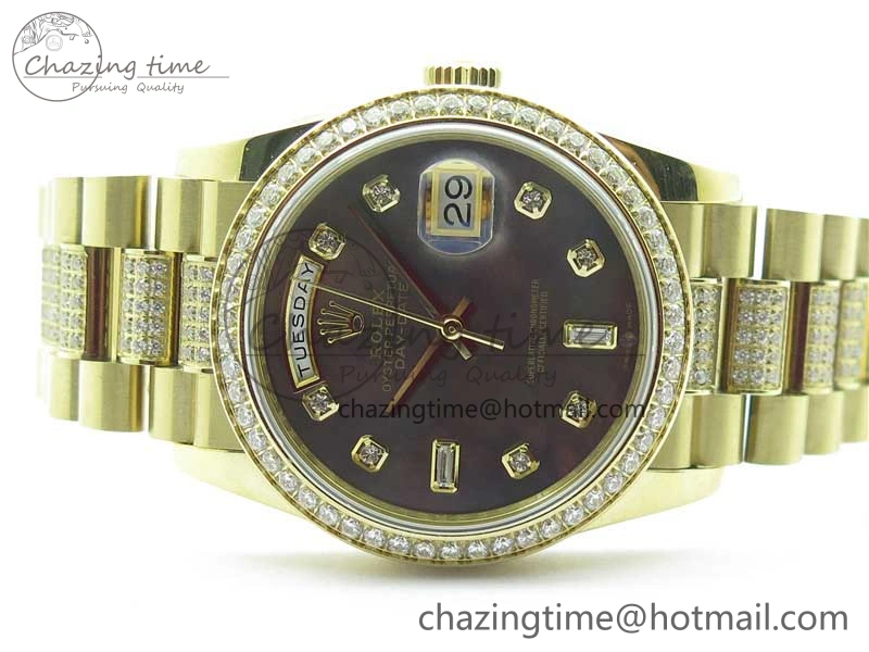 Day-Date 36mm 128235 YG Crystal BP Best Edition Gray MOP Crystal Marker Dial on YG President Bracelet A Durable 2675