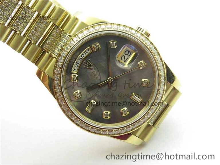 Day-Date 36mm 128235 YG Crystal BP Best Edition Gray MOP Crystal Marker Dial on YG President Bracelet A Durable 2675