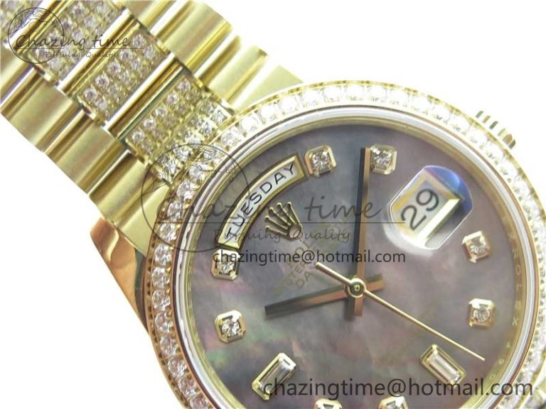 Day-Date 36mm 128235 YG Crystal BP Best Edition Gray MOP Crystal Marker Dial on YG President Bracelet A Durable 2675