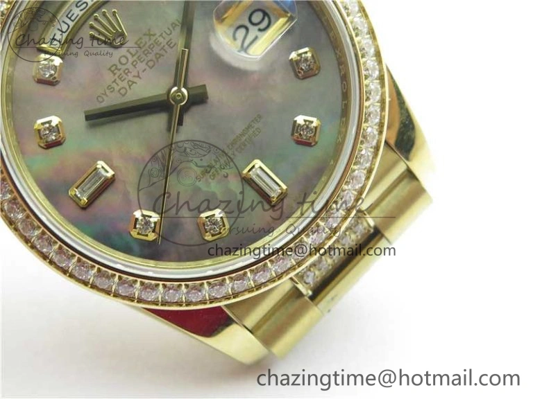 Day-Date 36mm 128235 YG Crystal BP Best Edition Gray MOP Crystal Marker Dial on YG President Bracelet A Durable 2675
