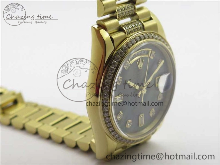Day-Date 36mm 128235 YG Crystal BP Best Edition Gray MOP Crystal Marker Dial on YG President Bracelet A Durable 2675