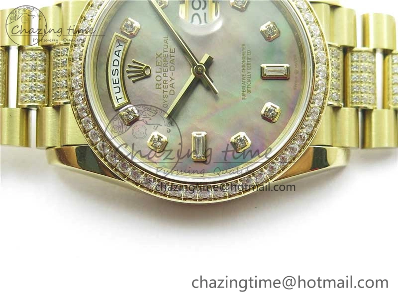 Day-Date 36mm 128235 YG Crystal BP Best Edition Gray MOP Crystal Marker Dial on YG President Bracelet A Durable 2675
