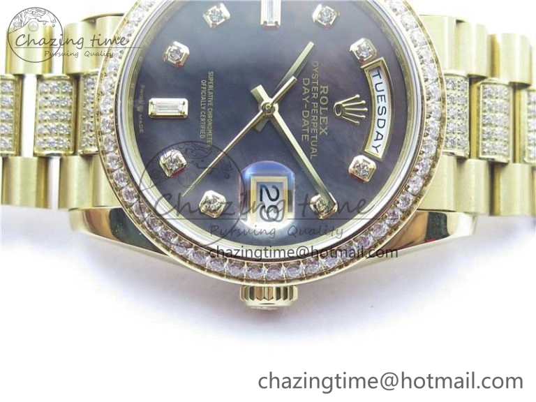 Day-Date 36mm 128235 YG Crystal BP Best Edition Gray MOP Crystal Marker Dial on YG President Bracelet A Durable 2675