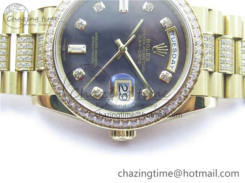Day-Date 36mm 128235 YG Crystal BP Best Edition Gray MOP Crystal Marker Dial on YG President Bracelet A Durable 2675