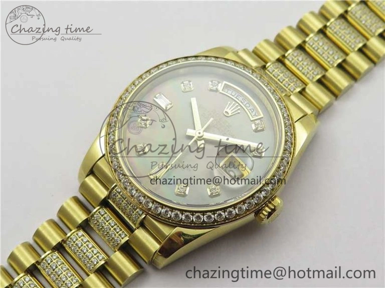 Day-Date 36mm 128235 YG Crystal BP Best Edition Gray MOP Crystal Marker Dial on YG President Bracelet A Durable 2675