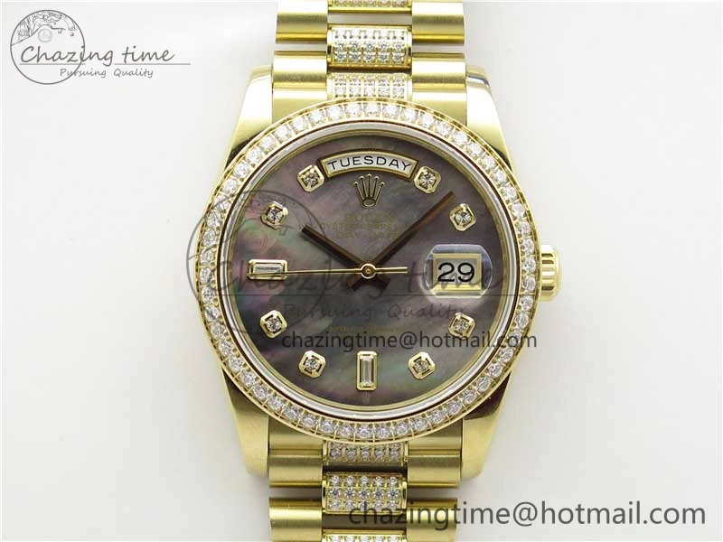 Day-Date 36mm 128235 YG Crystal BP Best Edition Gray MOP Crystal Marker Dial on YG President Bracelet A Durable 2675