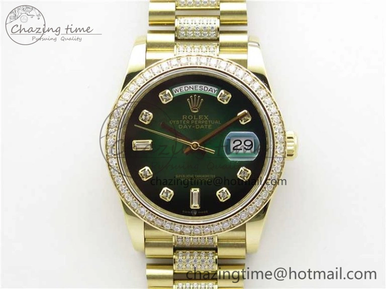 Day-Date 36mm 128235 YG Crystal BP Best Edition Green Crystal Marker Dial on YG President Bracelet A WeatherProof 10340
