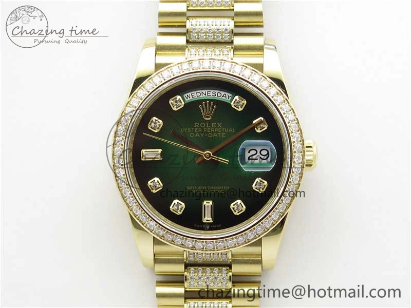 HighPerformance Day-Date 36mm 128235 YG Crystal BP Best Edition Green Crystal Marker Dial on YG President Bracelet A 2671