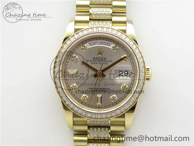 Lightweight Day-Date 36mm 128235 YG Crystal BP Best Edition Silver Crystal Marker Dial on YG President Bracelet A 2676
