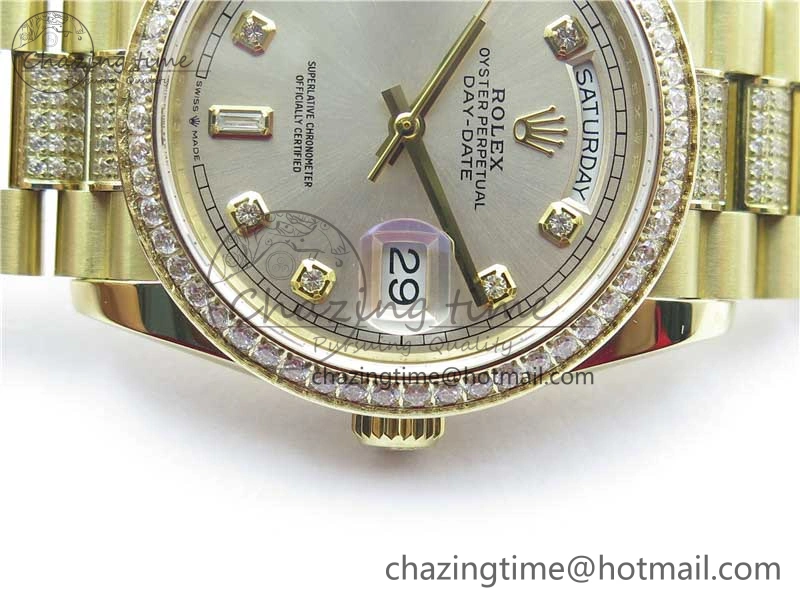 Lightweight Day-Date 36mm 128235 YG Crystal BP Best Edition Silver Crystal Marker Dial on YG President Bracelet A 2676