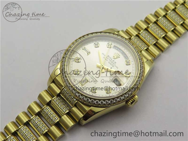 Lightweight Day-Date 36mm 128235 YG Crystal BP Best Edition Silver Crystal Marker Dial on YG President Bracelet A 2676