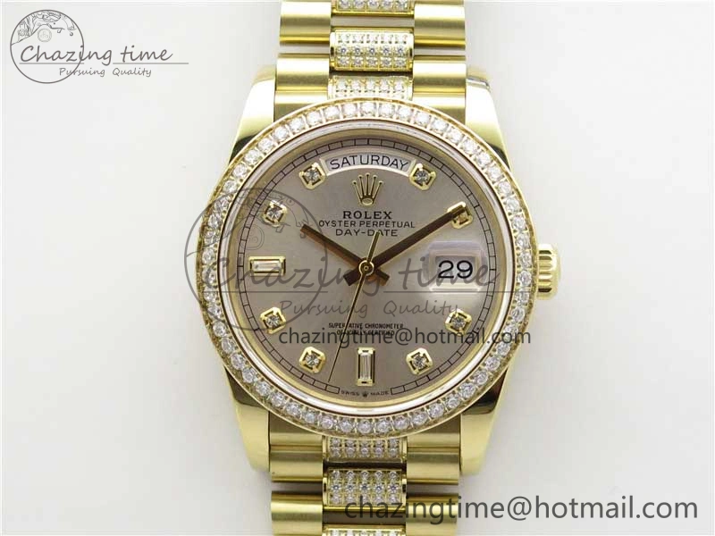 Lightweight Day-Date 36mm 128235 YG Crystal BP Best Edition Silver Crystal Marker Dial on YG President Bracelet A 2676