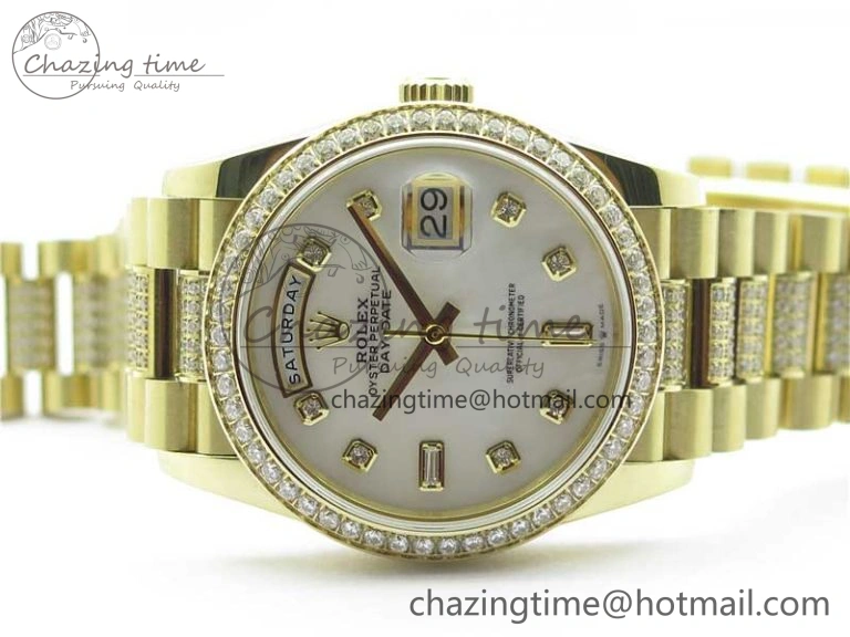 SmartChoice Day-Date 36mm 128235 YG Crystal BP Best Edition White MOP Crystal Marker Dial on YG President Bracelet A 10345
