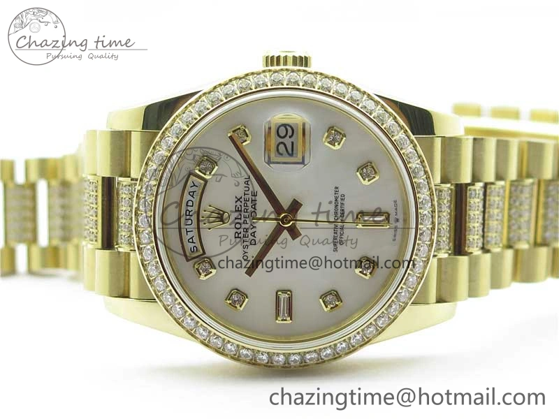 SmartChoice Day-Date 36mm 128235 YG Crystal BP Best Edition White MOP Crystal Marker Dial on YG President Bracelet A 10345