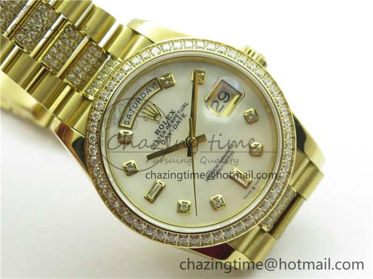 SmartChoice Day-Date 36mm 128235 YG Crystal BP Best Edition White MOP Crystal Marker Dial on YG President Bracelet A 10345