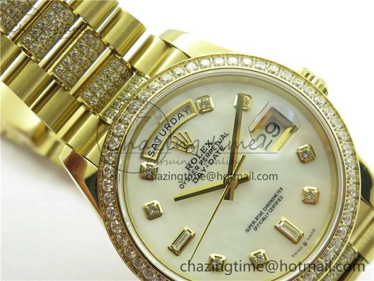 SmartChoice Day-Date 36mm 128235 YG Crystal BP Best Edition White MOP Crystal Marker Dial on YG President Bracelet A 10345