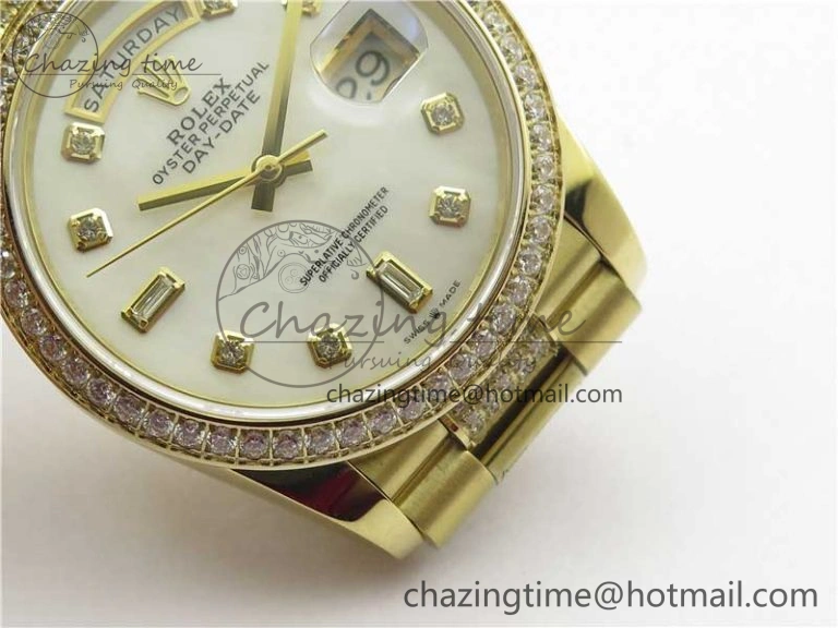 SmartChoice Day-Date 36mm 128235 YG Crystal BP Best Edition White MOP Crystal Marker Dial on YG President Bracelet A 10345