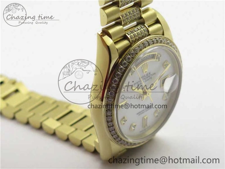 SmartChoice Day-Date 36mm 128235 YG Crystal BP Best Edition White MOP Crystal Marker Dial on YG President Bracelet A 10345