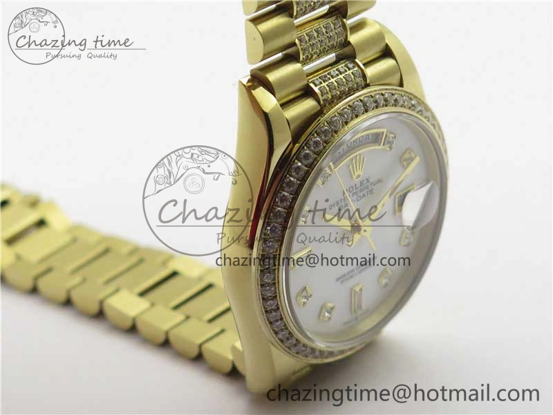 SmartChoice Day-Date 36mm 128235 YG Crystal BP Best Edition White MOP Crystal Marker Dial on YG President Bracelet A 10345