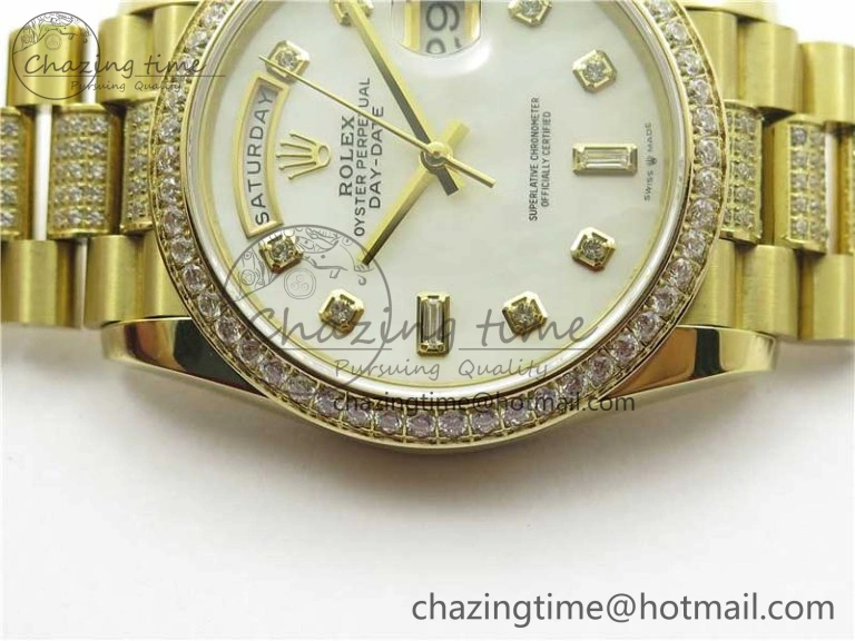 SmartChoice Day-Date 36mm 128235 YG Crystal BP Best Edition White MOP Crystal Marker Dial on YG President Bracelet A 10345
