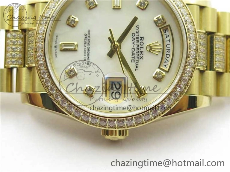SmartChoice Day-Date 36mm 128235 YG Crystal BP Best Edition White MOP Crystal Marker Dial on YG President Bracelet A 10345