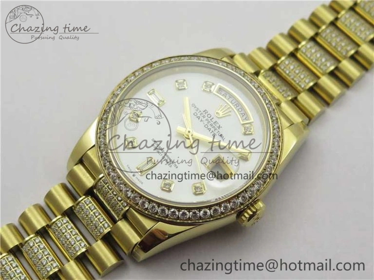 SmartChoice Day-Date 36mm 128235 YG Crystal BP Best Edition White MOP Crystal Marker Dial on YG President Bracelet A 10345