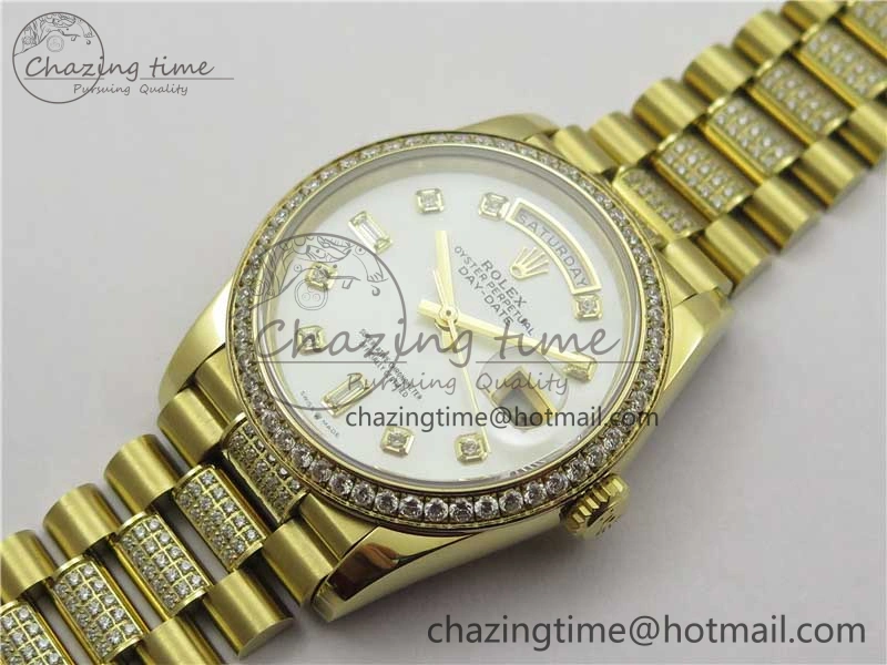 SmartChoice Day-Date 36mm 128235 YG Crystal BP Best Edition White MOP Crystal Marker Dial on YG President Bracelet A 10345