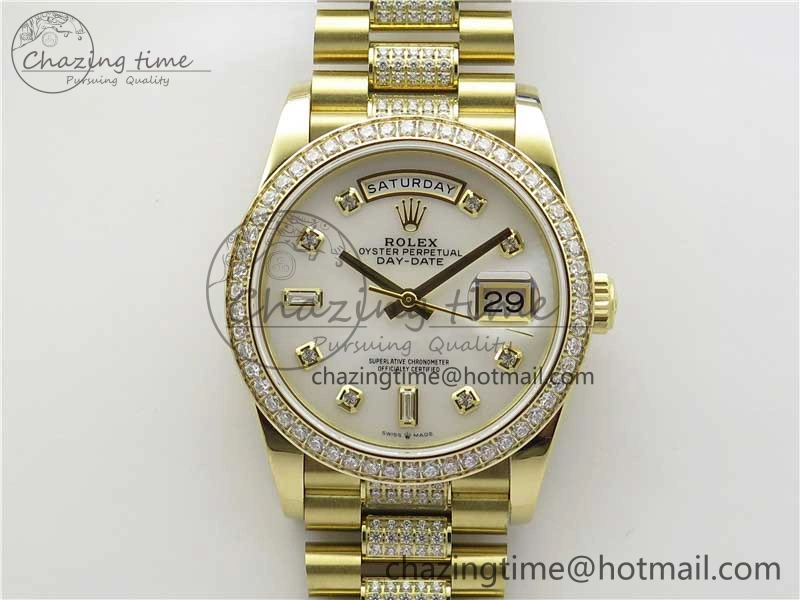 SmartChoice Day-Date 36mm 128235 YG Crystal BP Best Edition White MOP Crystal Marker Dial on YG President Bracelet A 10345