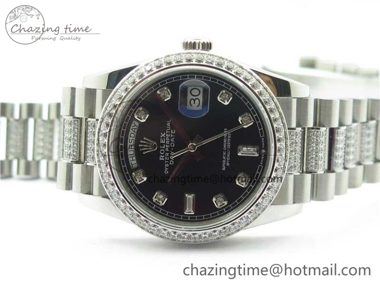 Elegant Day-Date 36mm 128239 SS Crystal BP Best Edition Black Crystal Marker Dial on SS President Bracelet A 2680