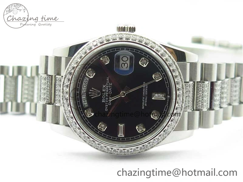 Elegant Day-Date 36mm 128239 SS Crystal BP Best Edition Black Crystal Marker Dial on SS President Bracelet A 2680