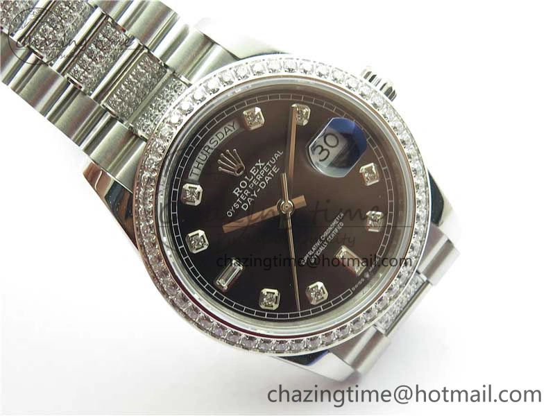 Elegant Day-Date 36mm 128239 SS Crystal BP Best Edition Black Crystal Marker Dial on SS President Bracelet A 2680