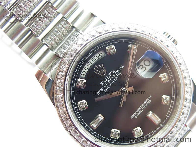 Elegant Day-Date 36mm 128239 SS Crystal BP Best Edition Black Crystal Marker Dial on SS President Bracelet A 2680