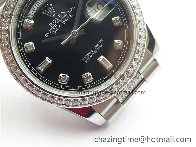 Elegant Day-Date 36mm 128239 SS Crystal BP Best Edition Black Crystal Marker Dial on SS President Bracelet A 2680