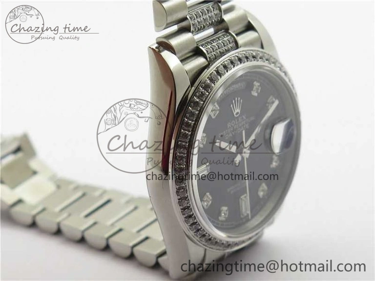 Elegant Day-Date 36mm 128239 SS Crystal BP Best Edition Black Crystal Marker Dial on SS President Bracelet A 2680