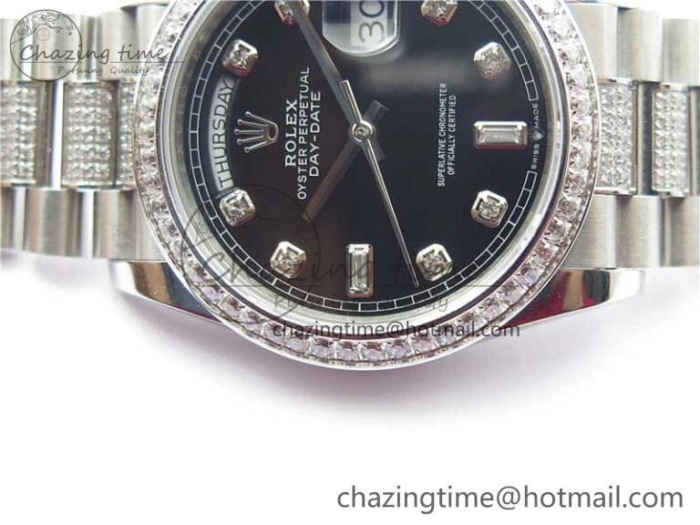 Elegant Day-Date 36mm 128239 SS Crystal BP Best Edition Black Crystal Marker Dial on SS President Bracelet A 2680