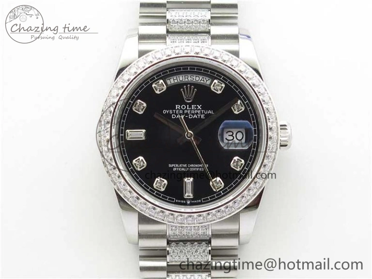 Elegant Day-Date 36mm 128239 SS Crystal BP Best Edition Black Crystal Marker Dial on SS President Bracelet A 2680