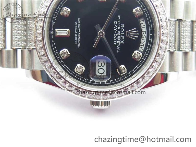 Elegant Day-Date 36mm 128239 SS Crystal BP Best Edition Black Crystal Marker Dial on SS President Bracelet A 2680