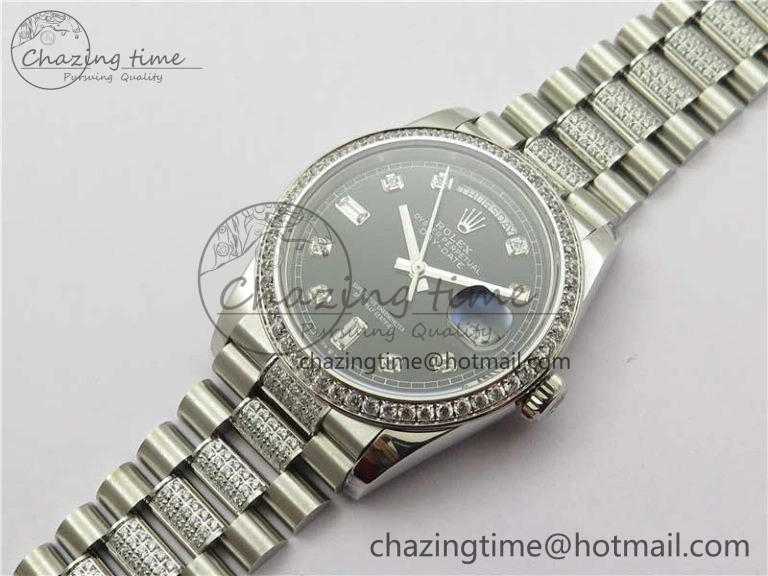 Elegant Day-Date 36mm 128239 SS Crystal BP Best Edition Black Crystal Marker Dial on SS President Bracelet A 2680
