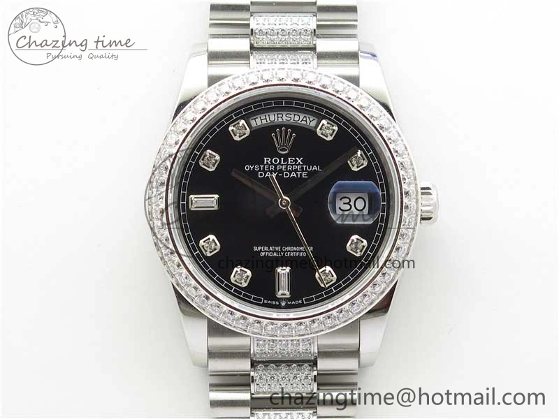 Elegant Day-Date 36mm 128239 SS Crystal BP Best Edition Black Crystal Marker Dial on SS President Bracelet A 2680