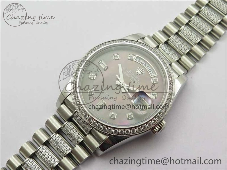 Day-Date 36mm 128239 SS Crystal BP Best Edition Black MOP Crystal Marker Dial on SS President Bracelet A OdorResistant 2681