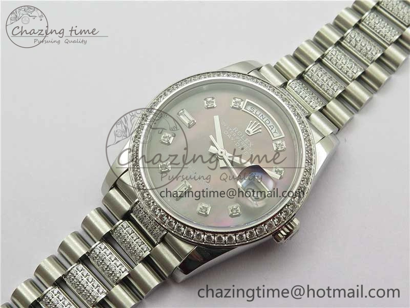 Day-Date 36mm 128239 SS Crystal BP Best Edition Black MOP Crystal Marker Dial on SS President Bracelet A OdorResistant 2681