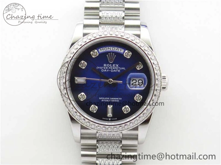Day-Date 36mm 128239 SS Crystal BP Best Edition Blue Crystal Marker Dial on SS President Bracelet A Original 10350
