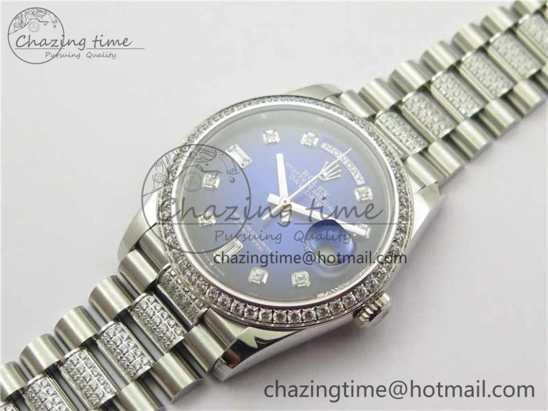Day-Date 36mm 128239 SS Crystal BP Best Edition Blue Crystal Marker Dial on SS President Bracelet A Timeless 2677