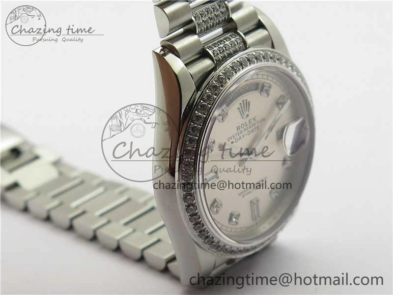Day-Date 36mm 128239 SS Crystal BP Best Edition Silver Crystal Marker Dial on SS President Bracelet A Reliable 2678