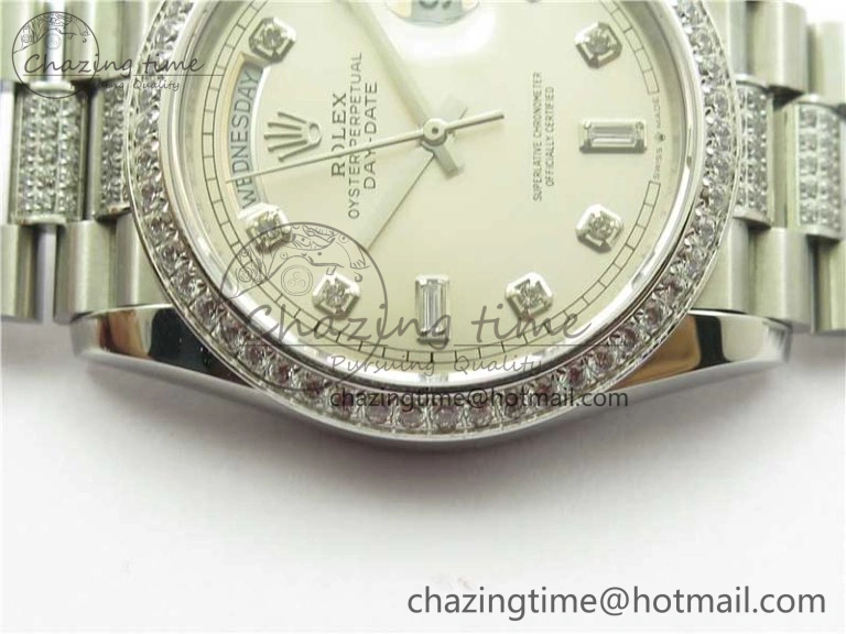 Day-Date 36mm 128239 SS Crystal BP Best Edition Silver Crystal Marker Dial on SS President Bracelet A Reliable 2678
