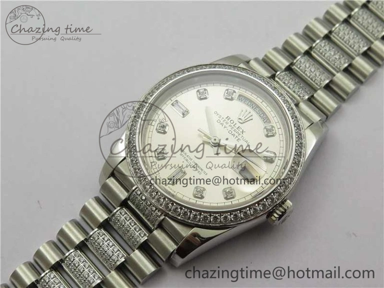 Day-Date 36mm 128239 SS Crystal BP Best Edition Silver Crystal Marker Dial on SS President Bracelet A Reliable 2678