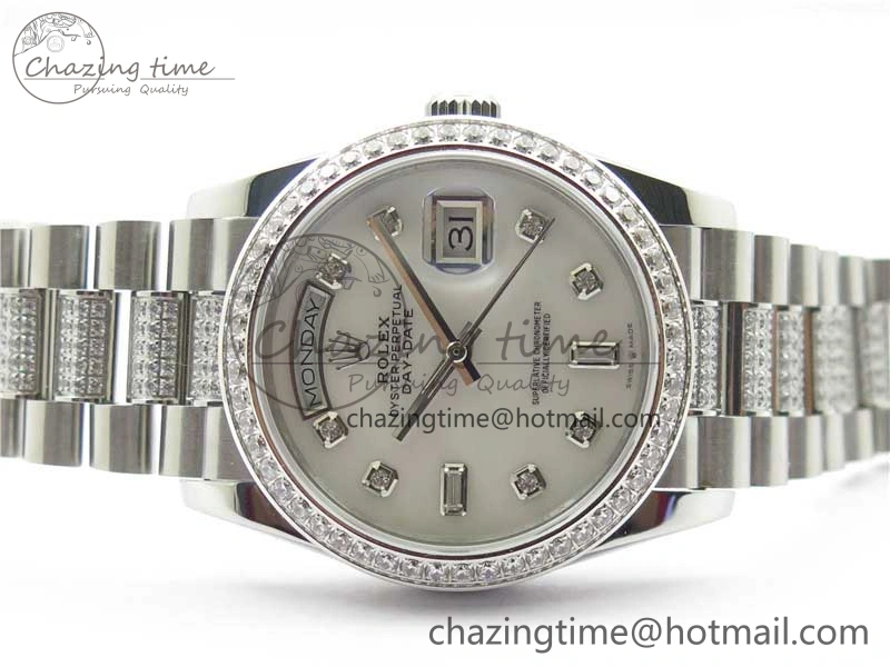 Snug Day-Date 36mm 128239 SS Crystal BP Best Edition White MOP Crystal Marker Dial on SS President Bracelet A 2682